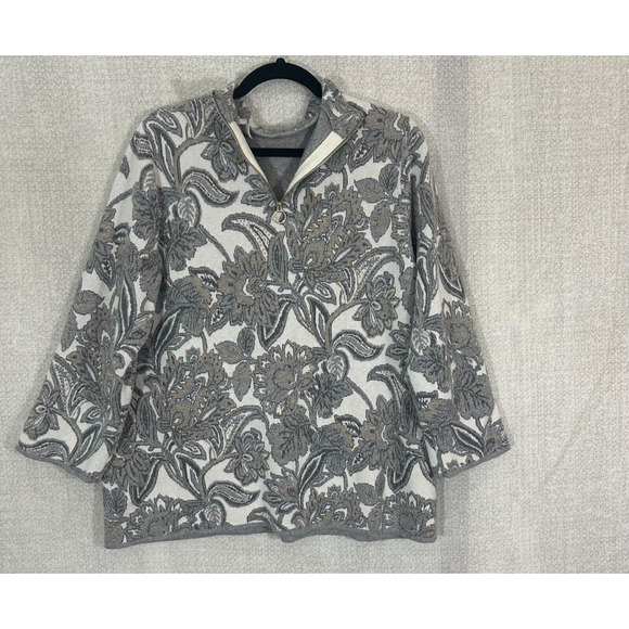 Chicos Sweater Womens XL 3 Gray Metallic Floral Back Zip Cashmere Blend Career - Picture 3 of 8